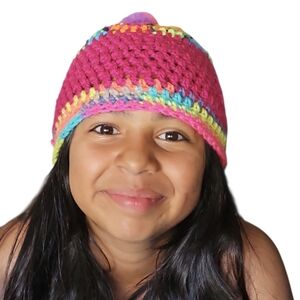 Handmade Crochet Neon Beanie Kids Toddler Colorful pom pom Hat Upcycled Cotton